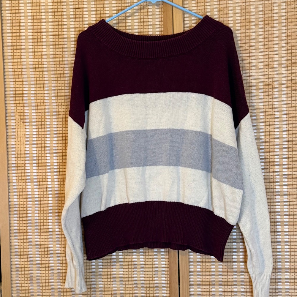 Lucky Brand Womens XL Striped Knit Sweater Burgundy Cream Grey Colorblock Preppy